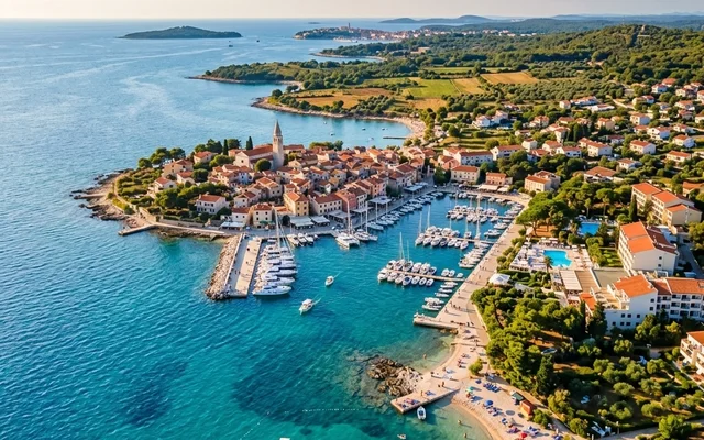 Funtana — marina puna jahti i staro jezgro uz bistro tirkizno more, zeleni brežuljci zaleđa, Istra, Hrvatska