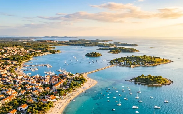 Medulin — plitki tirkizni zaliv sa zelenim ostrvcima, peščana plaža i marina na jugu Istre, Hrvatska