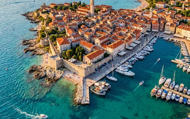 Novigrad — staro jezgro na rtu okruženo morem, kameno priobalje i marina s jahtama, tirkizni Jadran, Istra, Hrvatska