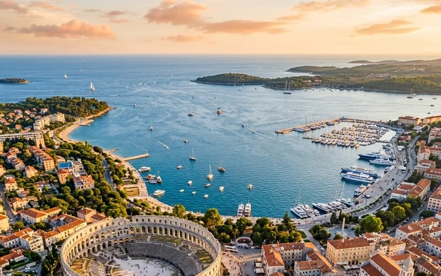 Pula — rimska Arena, amfiteatar iz 1. veka, iznad gradske luke u zalazak sunca, Istra, Hrvatska