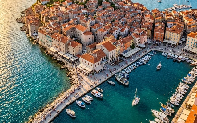 Rovinj — zbijeni crveni krovovi starog grada na poluostrvu, šetalište s kafeima i ribarska luka na Jadranu, Istra, Hrvatska