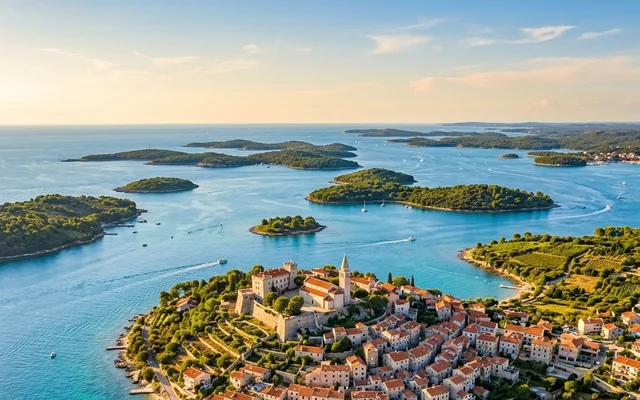 Vrsar — staro jezgro na brežuljku sa zvonikom i biskupskim dvorom, marina u podnožju i arhipelag zelenih ostrvaca, Istra, Hrvatska
