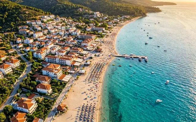 Hanioti — duga peščana plaža sa ležaljkama i borovom šumom uz obalu, molo i brodići na tirkiznom moru, Kasandra, Halkidiki