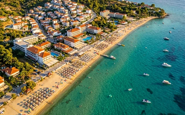 Kalithea — duga peščana plaža sa ležaljkama, hoteli s bazenima u zelenilu i brodići na tirkiznom moru, Kasandra, Halkidiki