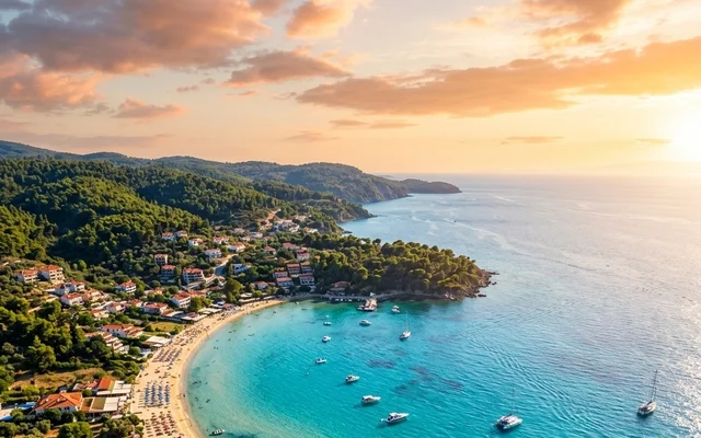 Paliouri — peščana uvala u zalasku sunca, guste borove šume i jedrilice na tirkiznom zalivu, jug Kasandre, Halkidiki