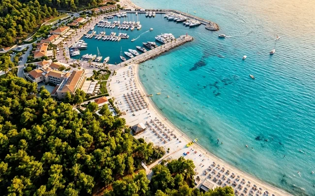 Sani — marina puna jahti, uređena peščana plaža sa ležaljkama i tirkizno more među borovima, Kasandra, Halkidiki