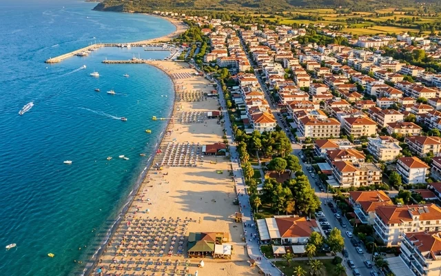 Nei Pori — duga peščana plaža sa suncobranima i molo, mirno letovalište na jugu rivijere, Olimpska rivijera, Grčka