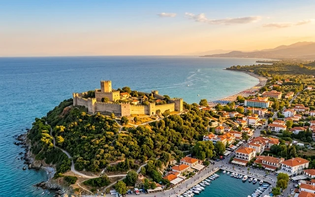 Platamon — srednjovekovni zamak (kastro) na brdu nad morem, grad sa marinom i duga peščana plaža u podnožju, Olimpska rivijera, Grčka