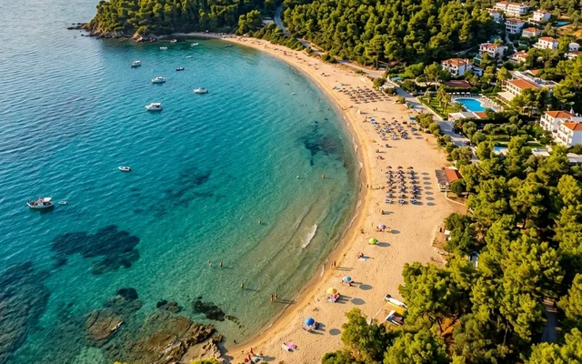 Skotina — peščana uvala u zagrljaju borove šume, ležaljke i brodići na bistrom tirkiznom moru, Olimpska rivijera, Grčka
