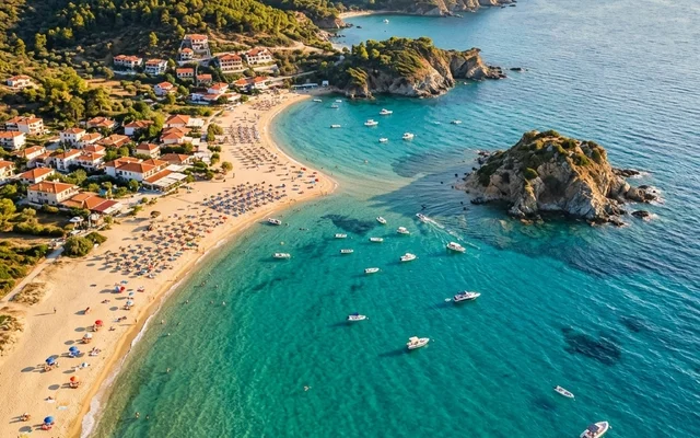 Kalamitsi — dvostruka peščana uvala sa zelenim ostrvcem, ležaljke i brodići na tirkiznom moru, jug Sitonije, Halkidiki