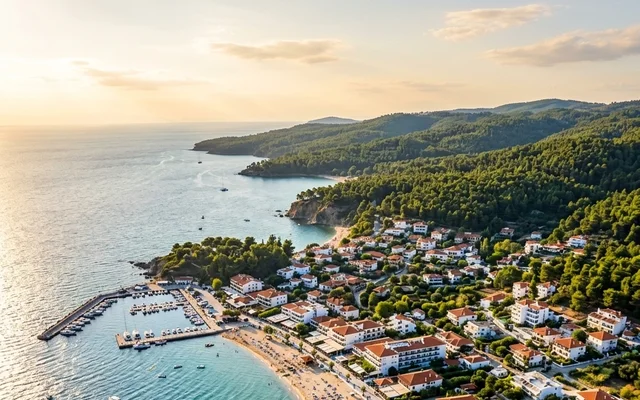 Metamorfosi — letovalište na ulazu u Sitoniju, marina i peščana plaža među borovim brdima, mirno more, Sitonija, Halkidiki