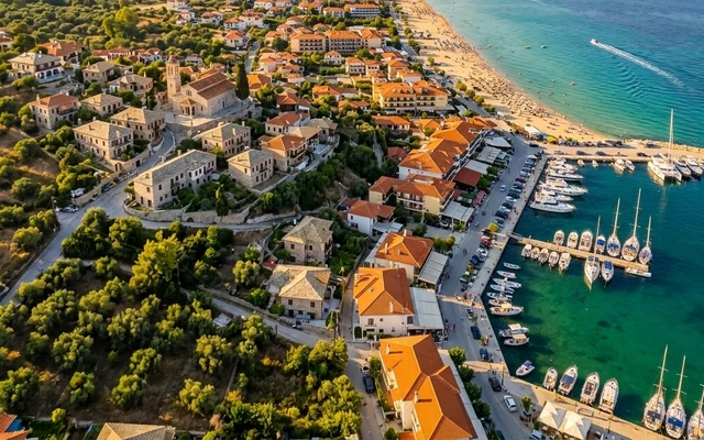 Nikiti — stari deo sela od kamena na brežuljku sa zvonikom, marina i duga peščana plaža u podnožju, Sitonija, Halkidiki