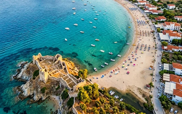 Toroni — ostaci antičke tvrđave Lekit na rtu iznad duge peščane plaže, brodići na tirkiznom moru, Sitonija, Halkidiki