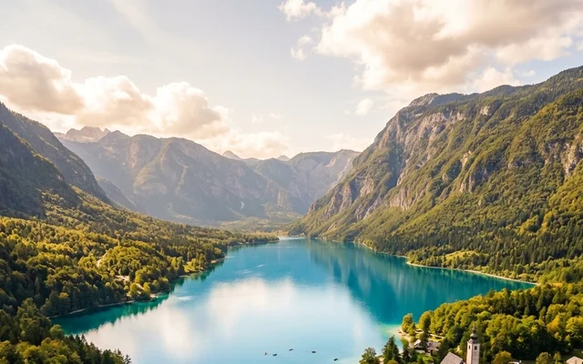 Bohinj — tirkizno Bohinjsko jezero u srcu Julijskih Alpa, planine i crkvica na obali, NP Triglav, severna Slovenija
