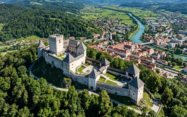 Celje — moćna srednjovekovna tvrđava Stari grad na šumovitom brdu, grad i reka Savinja u pozadini, severna Slovenija