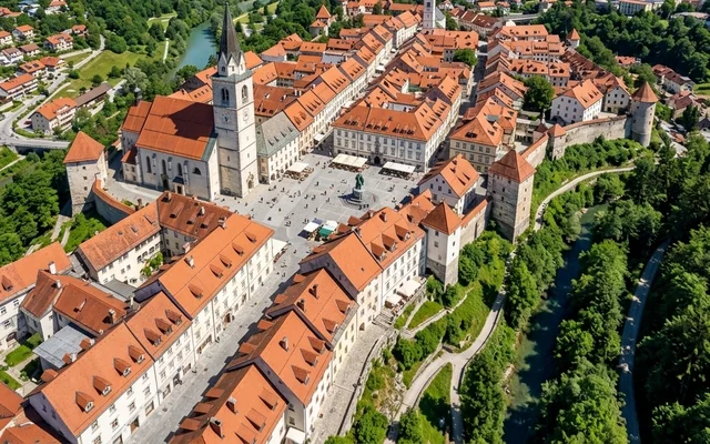 Kranj — staro jezgro na litici iznad reke sa velikom crkvom i zvonikom, glavni trg i kanjon u zelenilu, severna Slovenija