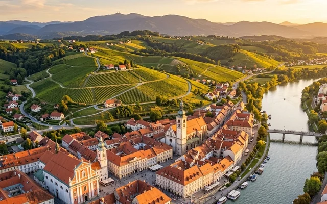 Maribor — grad na reci Dravi sa starim jezgrom i zvonicima, most i vinogradarska brda Štajerske u pozadini, severna Slovenija