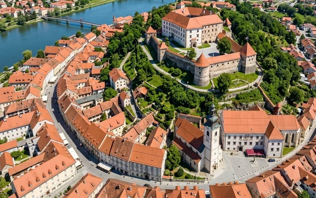 Ptuj — najstariji slovenački grad sa srednjovekovnim zamkom nad Dravom, crveni krovovi starog jezgra i most, severna Slovenija