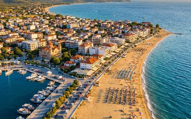 Nea Kalikratija — duga peščana plaža sa ležaljkama, marina i crkva uz Termajski zaliv, Solunska regija, Grčka