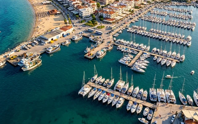 Nea Mudanja — velika marina puna jahti i ribarskih brodova, luka i grad uz peščanu plažu, kapija Halkidikija, Grčka