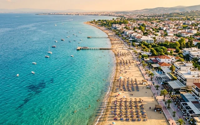 Perea — duga peščana plaža sa ležaljkama, šetalište sa palmama i moderne kuće uz Termajski zaliv, Solunska regija, Grčka