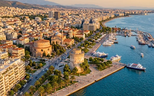 Solun — Bela kula i Rotonda na obali Termajskog zaliva, šetalište sa palmama i marina u zalazak sunca, Grčka